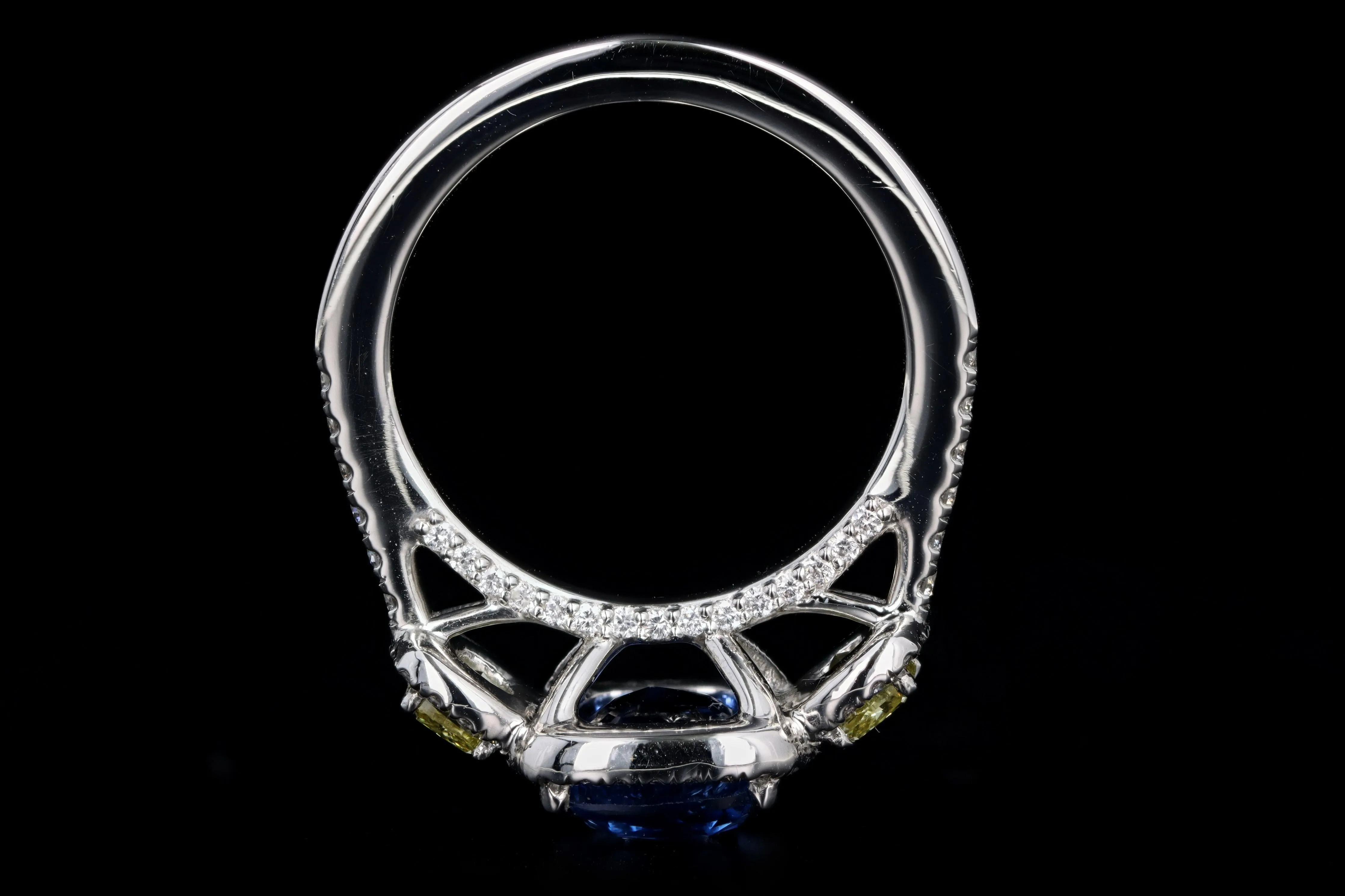 New Platinum 3.15 Carat Cushion Cut Natural No Heat Ceylon Sapphire & Yellow Diamond Ring