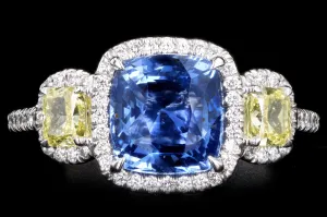 New Platinum 3.15 Carat Cushion Cut Natural No Heat Ceylon Sapphire & Yellow Diamond Ring
