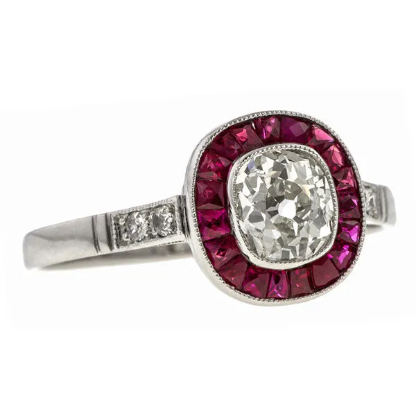 Old Mine Cut Diamond & Ruby Engagement Ring, 0.80ct.
