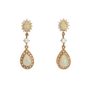Opal Diamond Drop Earrings Vintage 14k Yellow Gold 1.25" Length Fine Jewelry