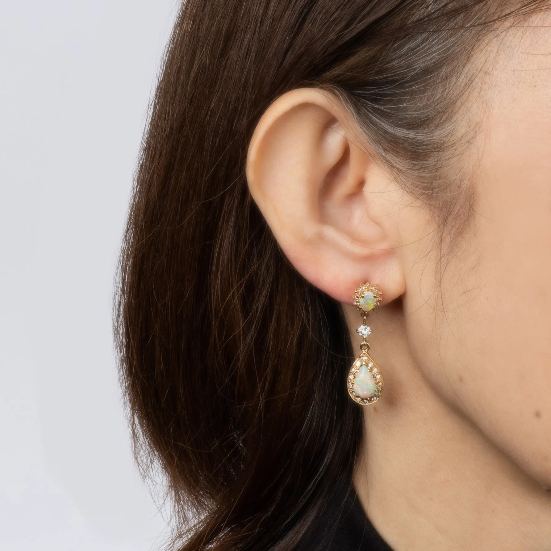 Opal Diamond Drop Earrings Vintage 14k Yellow Gold 1.25" Length Fine Jewelry