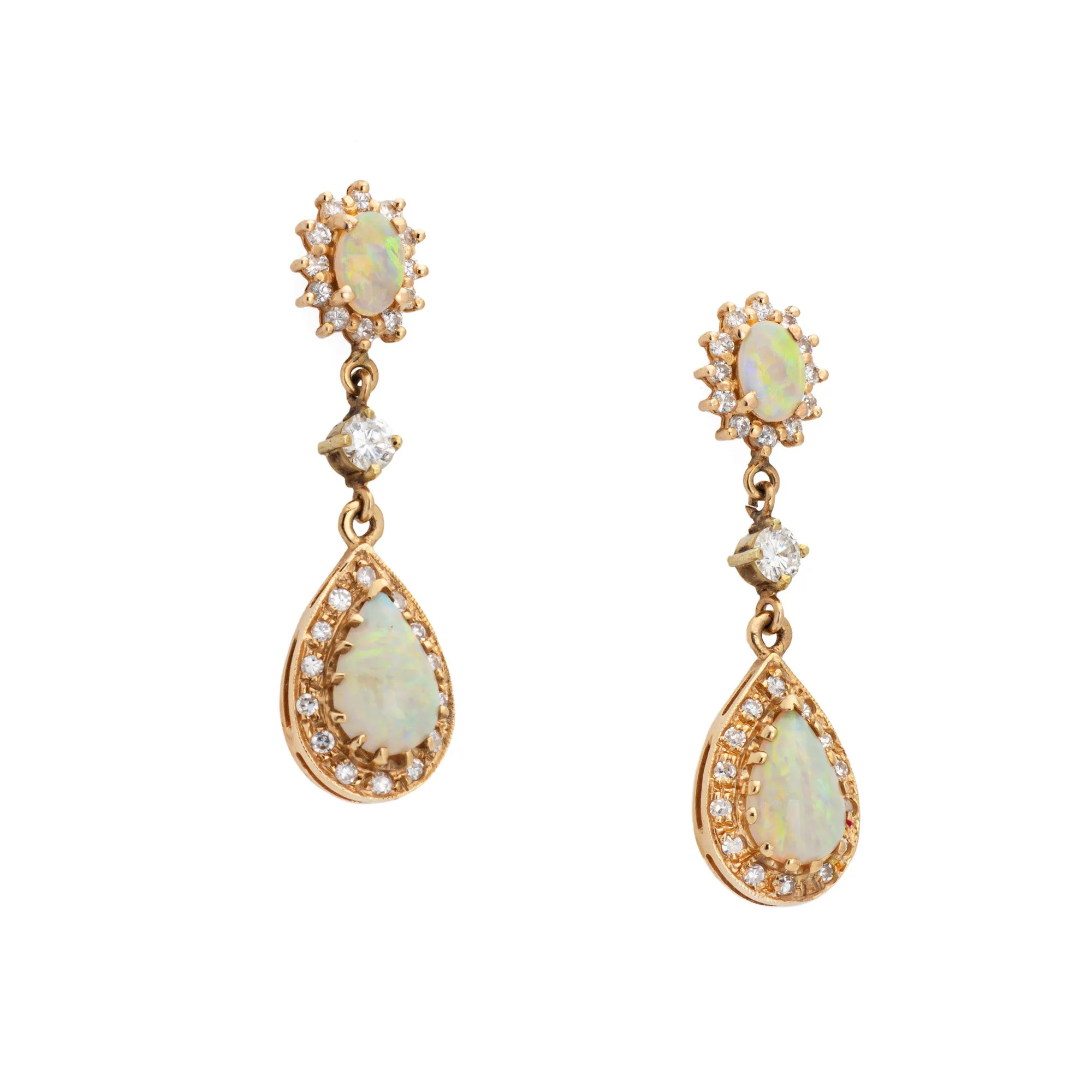Opal Diamond Drop Earrings Vintage 14k Yellow Gold 1.25" Length Fine Jewelry