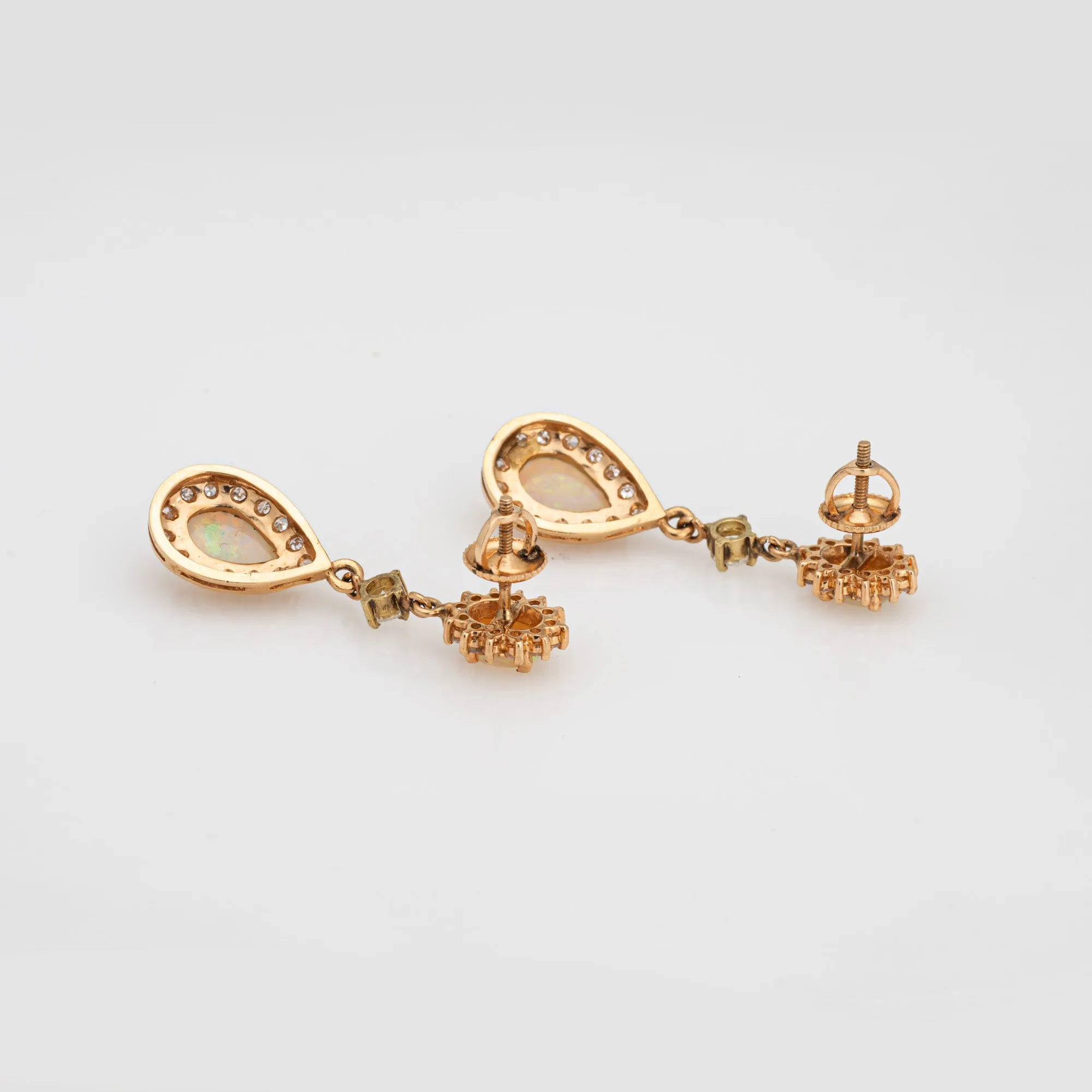 Opal Diamond Drop Earrings Vintage 14k Yellow Gold 1.25" Length Fine Jewelry