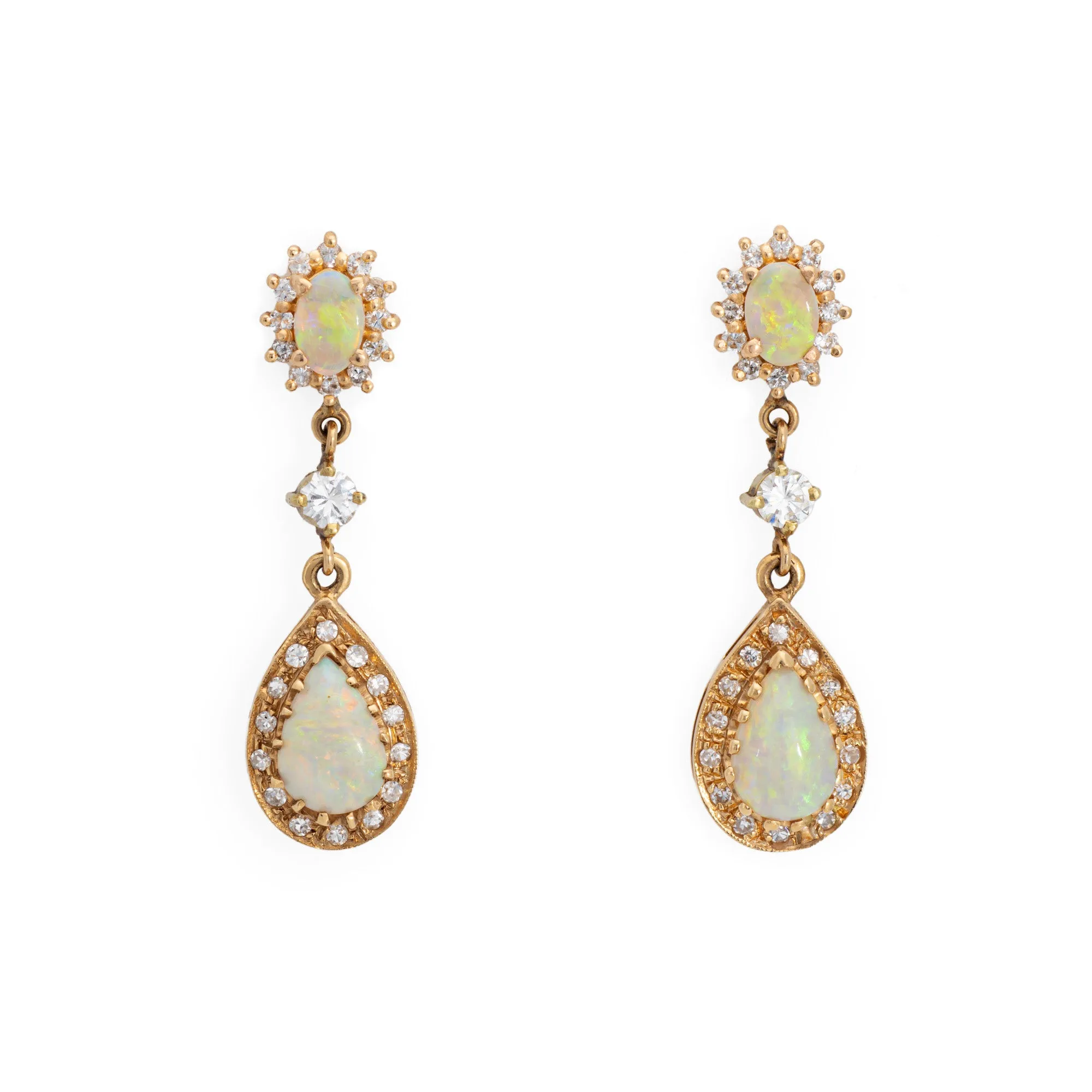 Opal Diamond Drop Earrings Vintage 14k Yellow Gold 1.25" Length Fine Jewelry