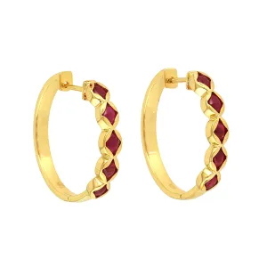Oval Cut Ruby July Gemstone Designer Hoop Earrings In Yellow Gold