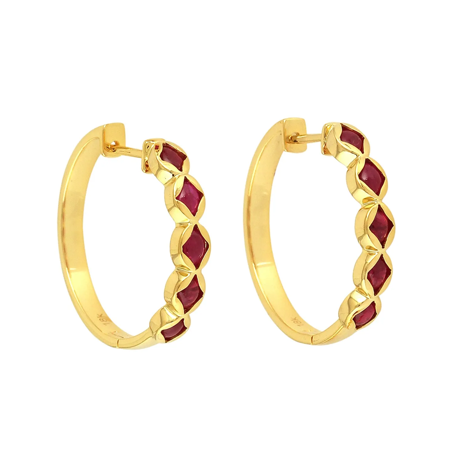 Oval Cut Ruby July Gemstone Designer Hoop Earrings In Yellow Gold