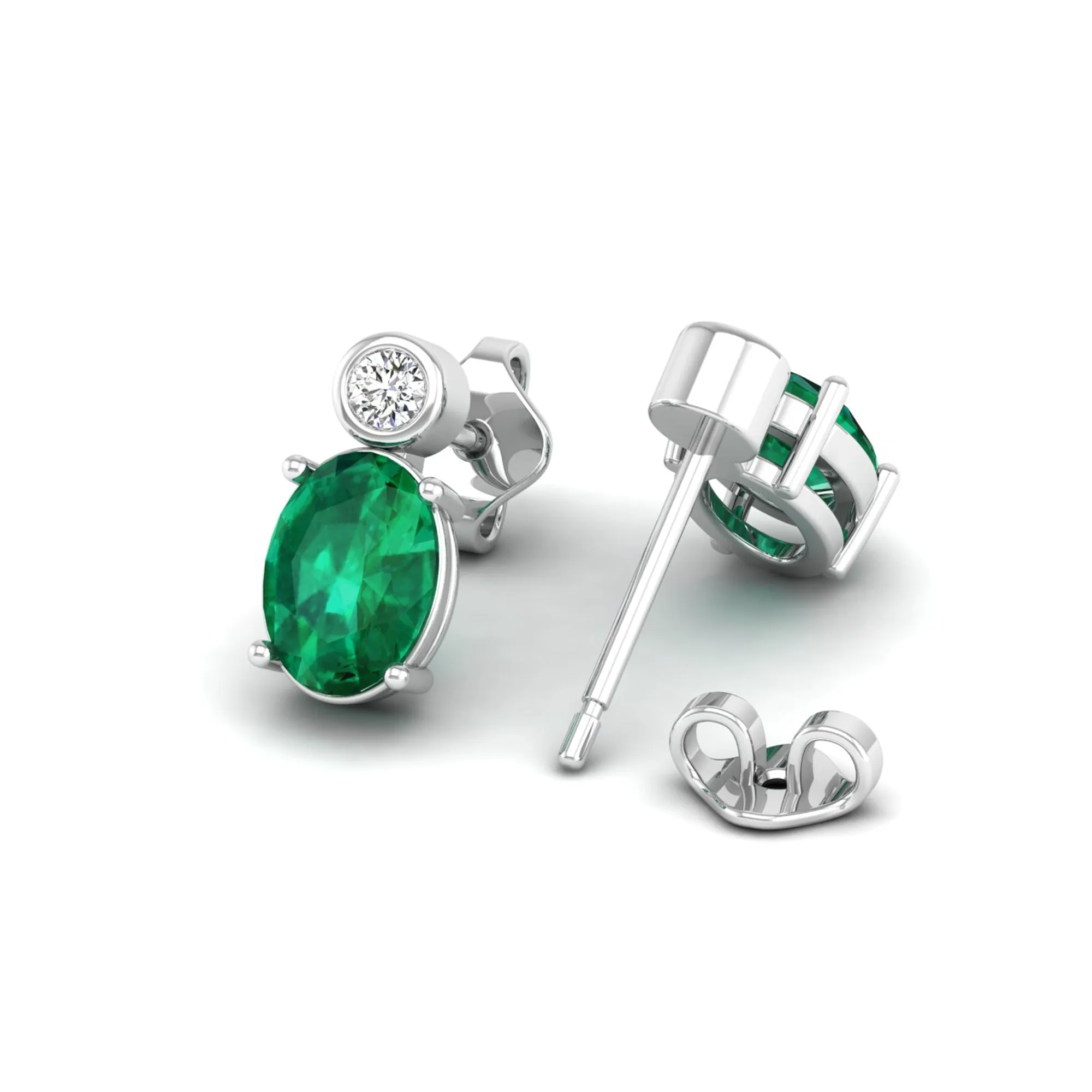 Oval Emerald and Bezel-Set Diamond Studs Earrings