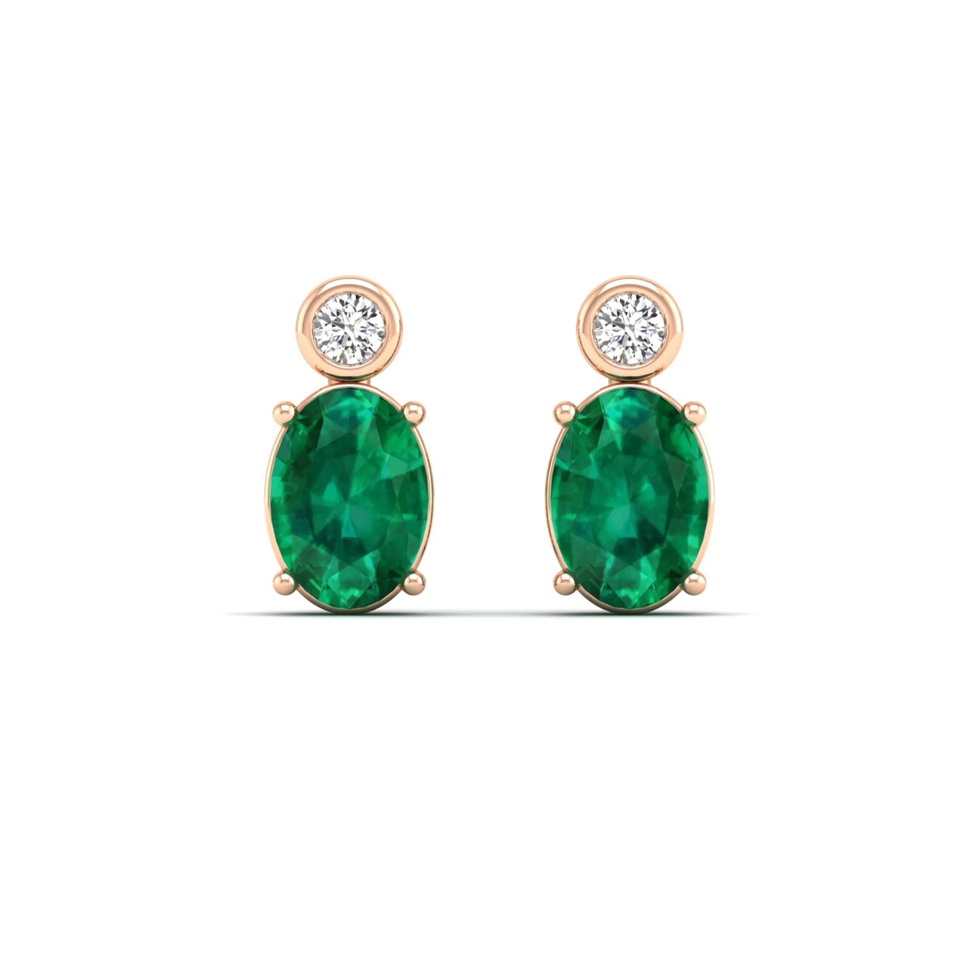 Oval Emerald and Bezel-Set Diamond Studs Earrings