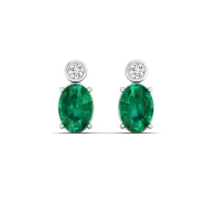 Oval Emerald and Bezel-Set Diamond Studs Earrings