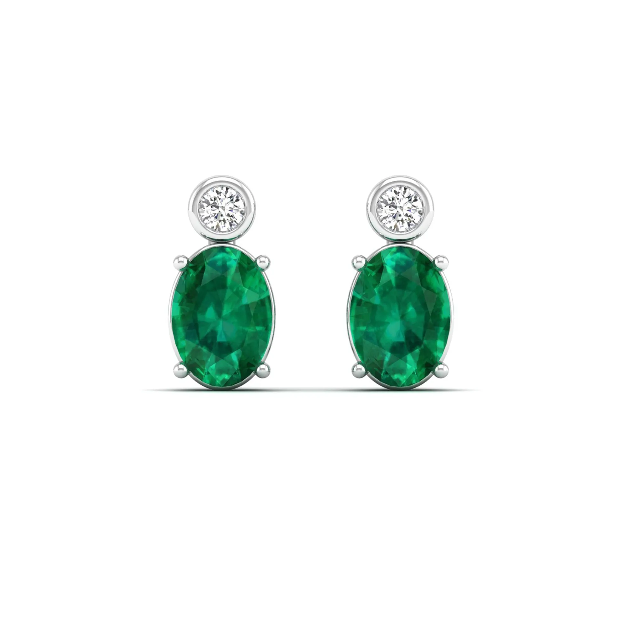 Oval Emerald and Bezel-Set Diamond Studs Earrings