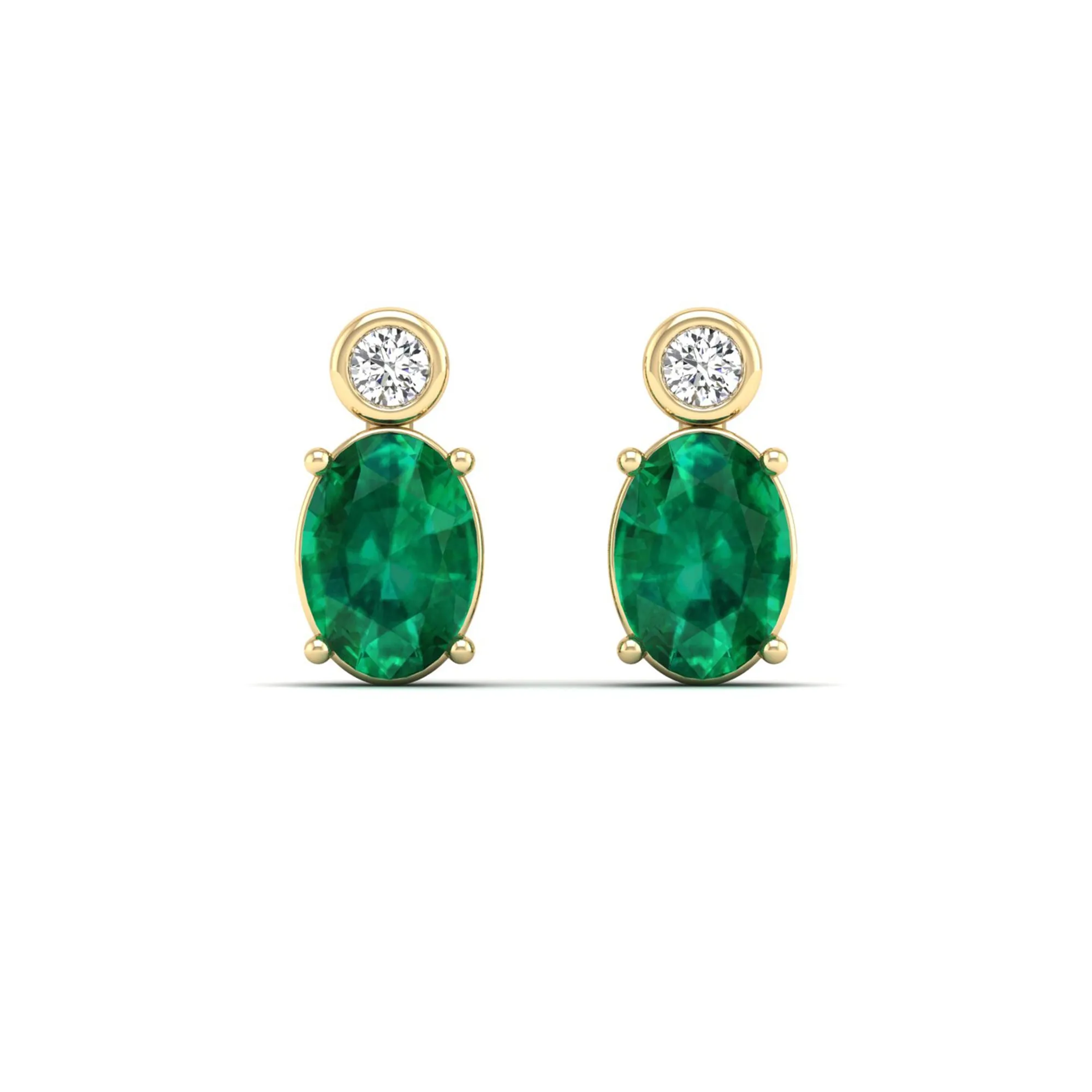 Oval Emerald and Bezel-Set Diamond Studs Earrings