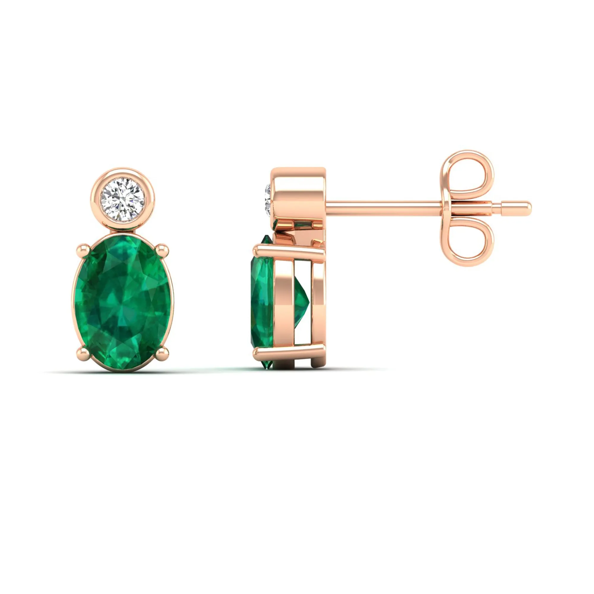 Oval Emerald and Bezel-Set Diamond Studs Earrings