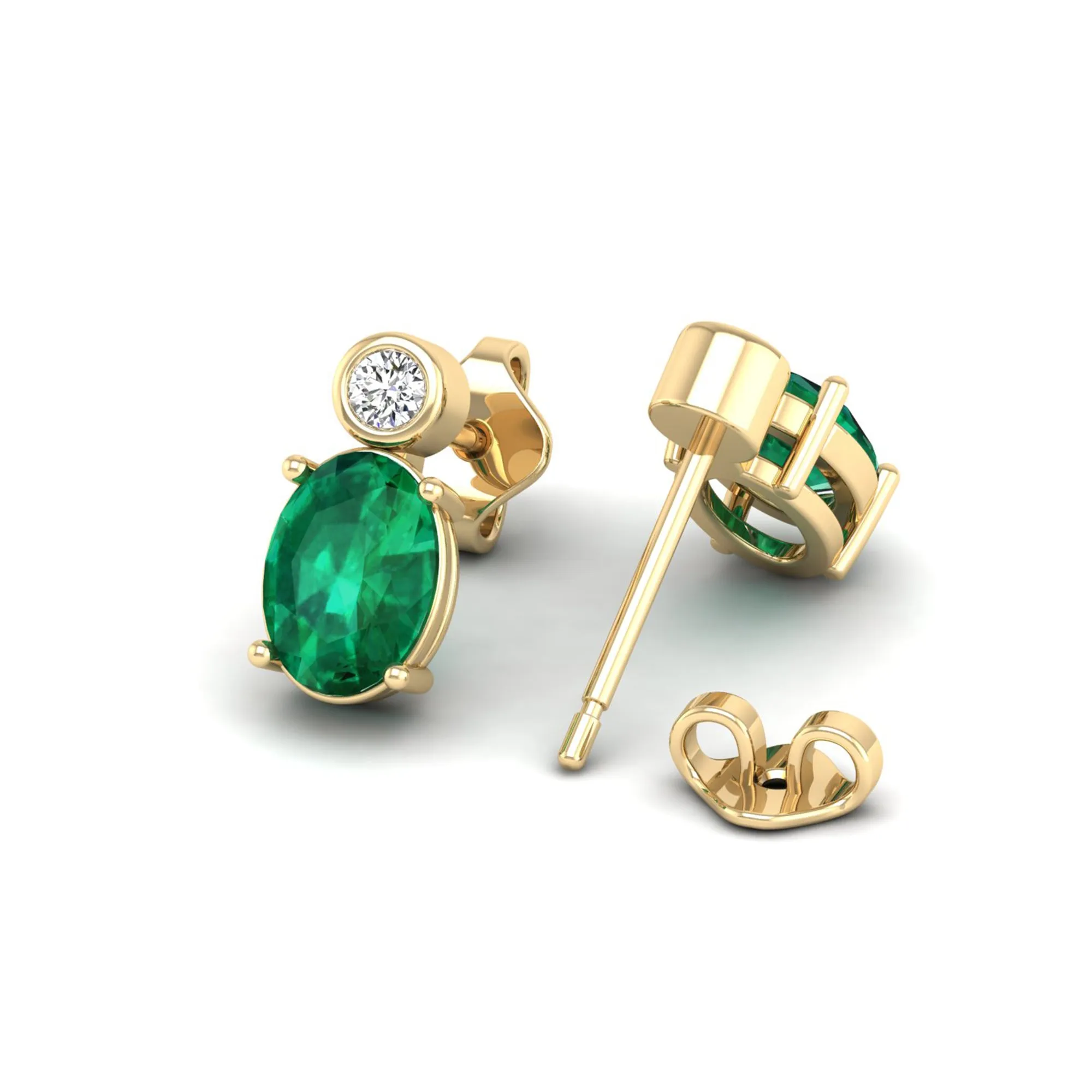 Oval Emerald and Bezel-Set Diamond Studs Earrings