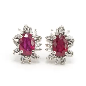 Oval Ruby and Baguette Diamond Halo Stud Earrings