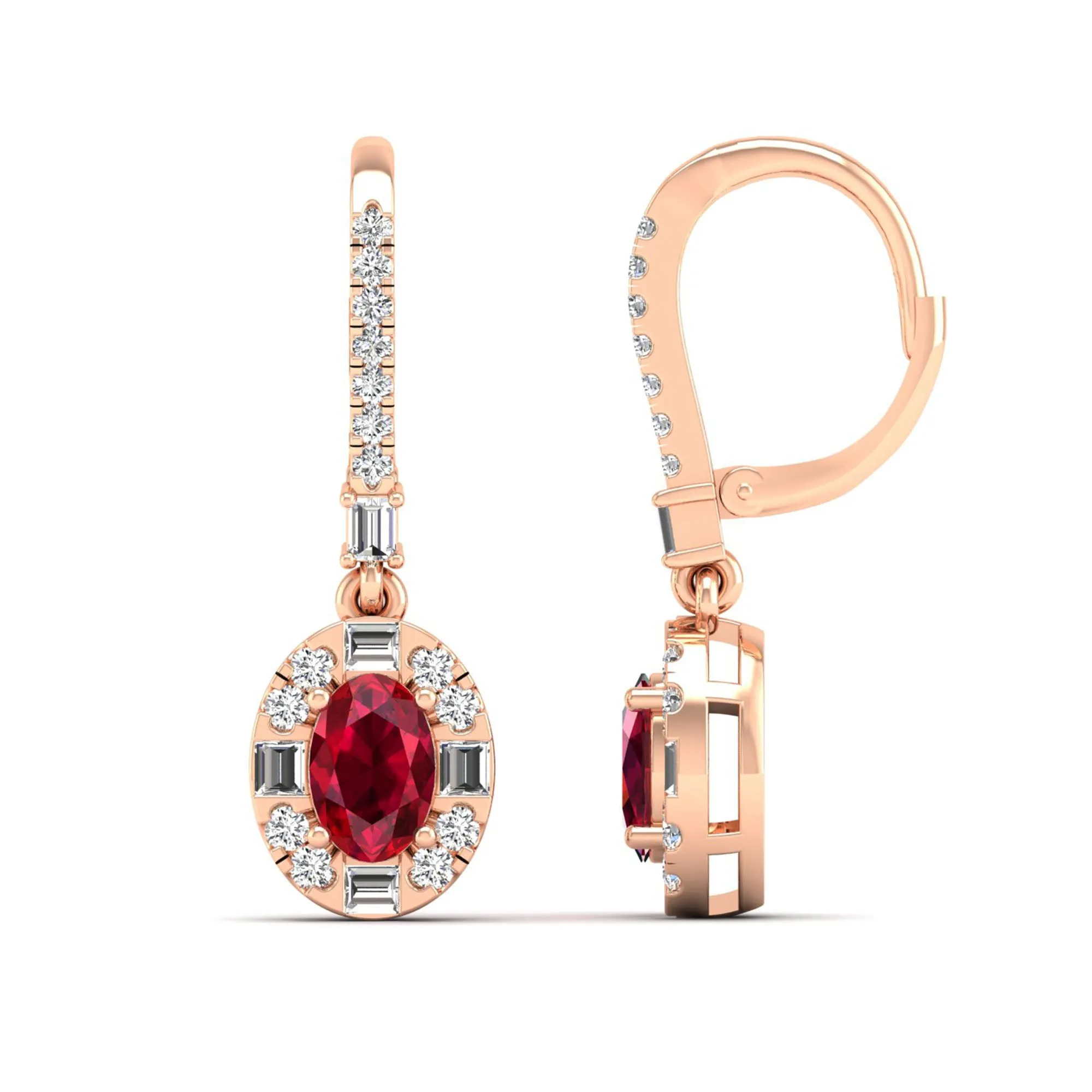 Oval Ruby Halo Baguette and Round Diamond Dangle Earrings