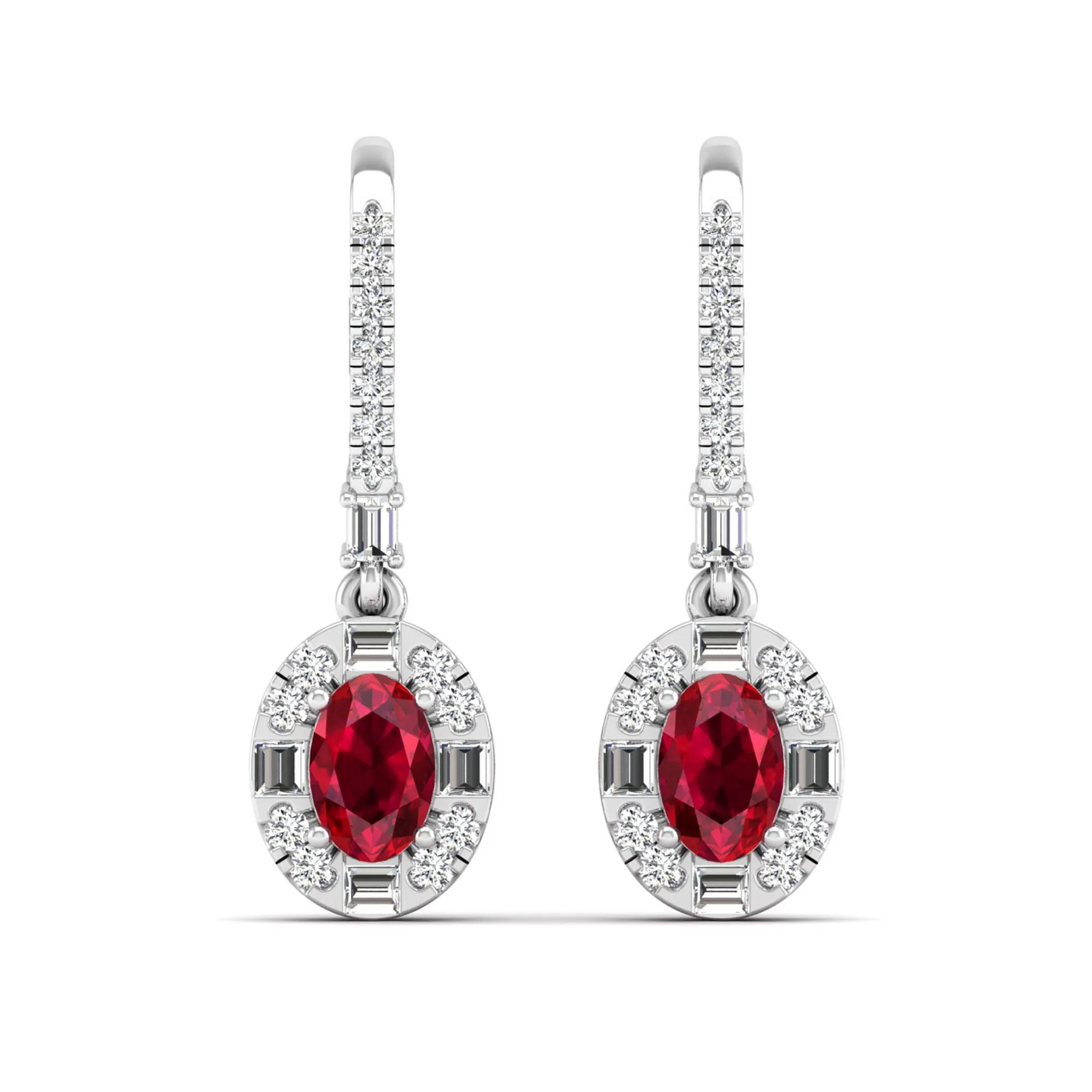 Oval Ruby Halo Baguette and Round Diamond Dangle Earrings