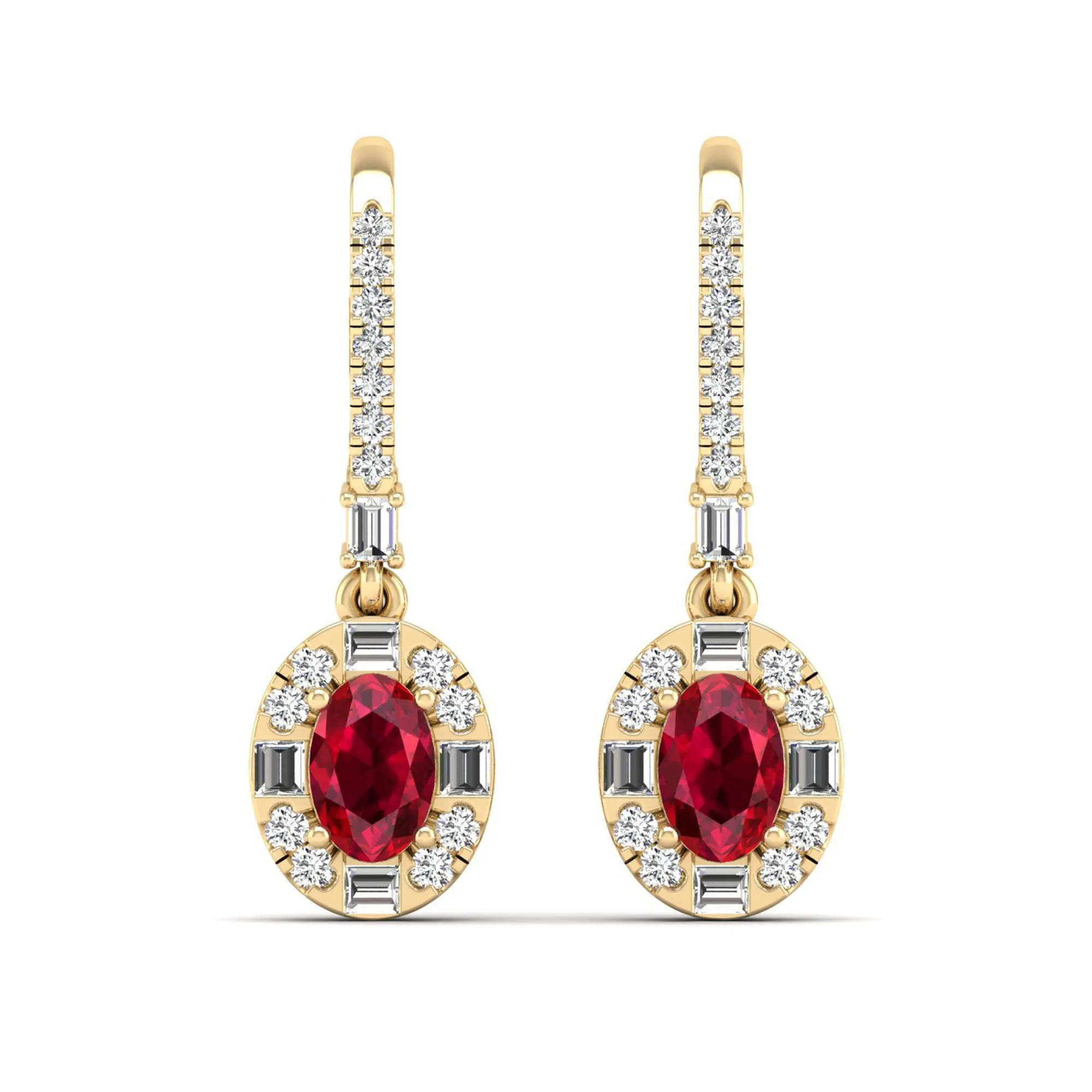 Oval Ruby Halo Baguette and Round Diamond Dangle Earrings