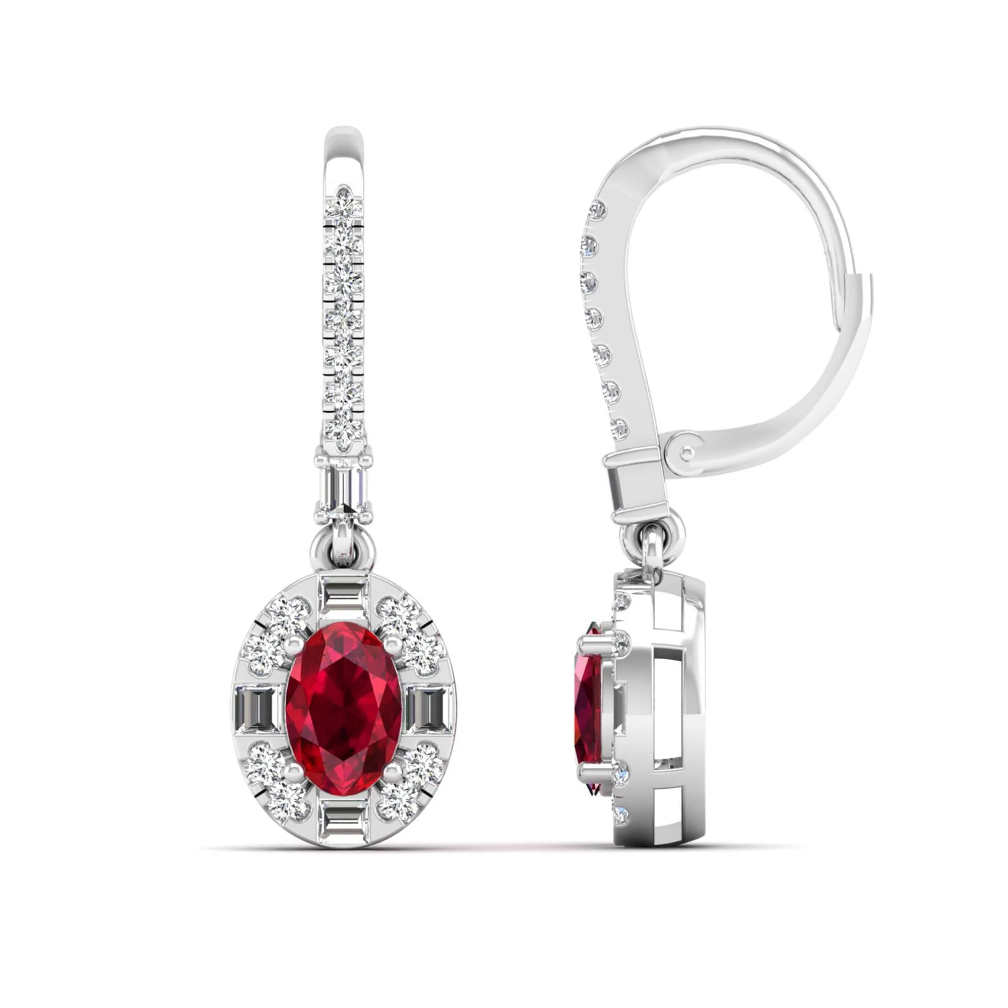 Oval Ruby Halo Baguette and Round Diamond Dangle Earrings