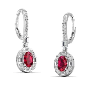 Oval Ruby Halo Baguette and Round Diamond Dangle Earrings