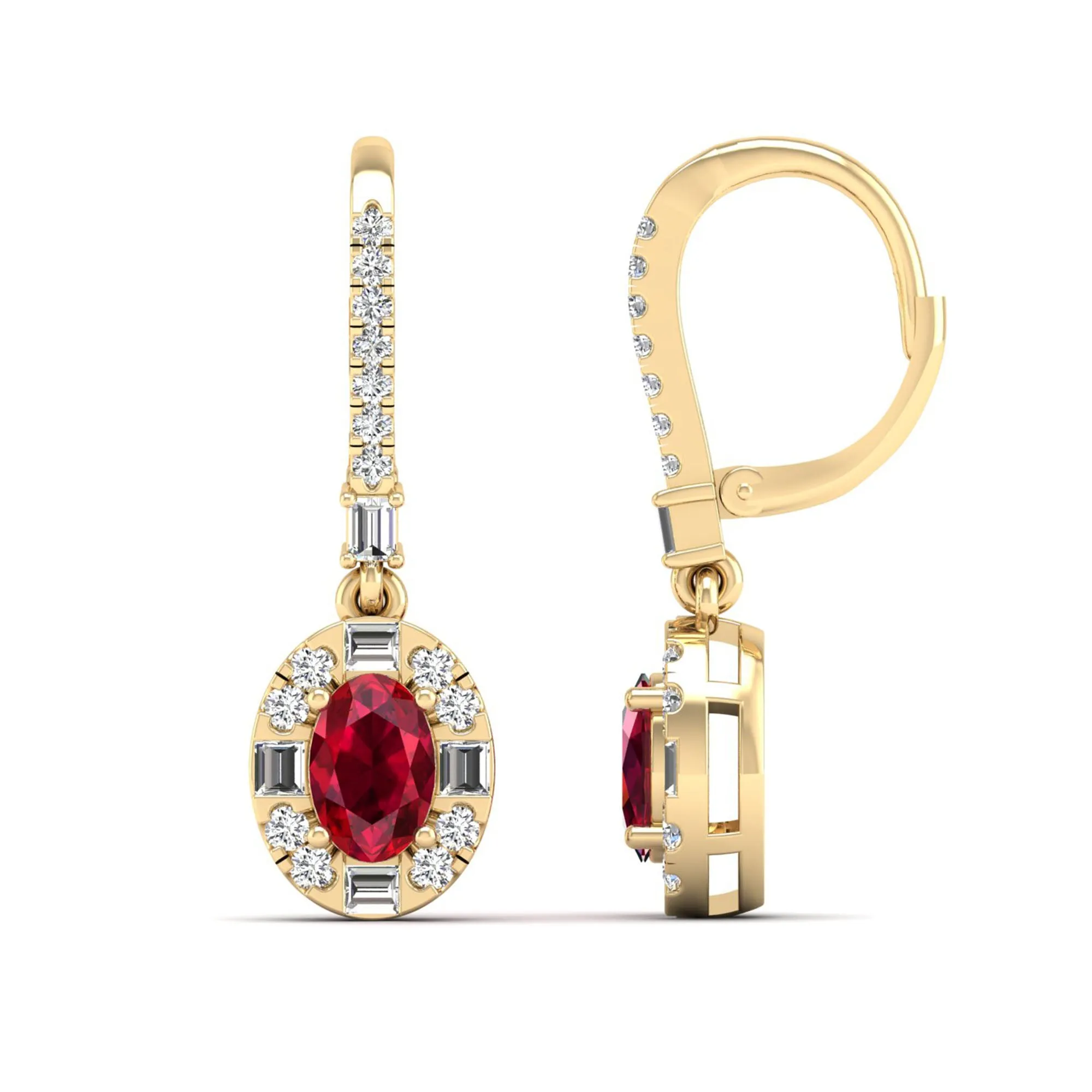 Oval Ruby Halo Baguette and Round Diamond Dangle Earrings