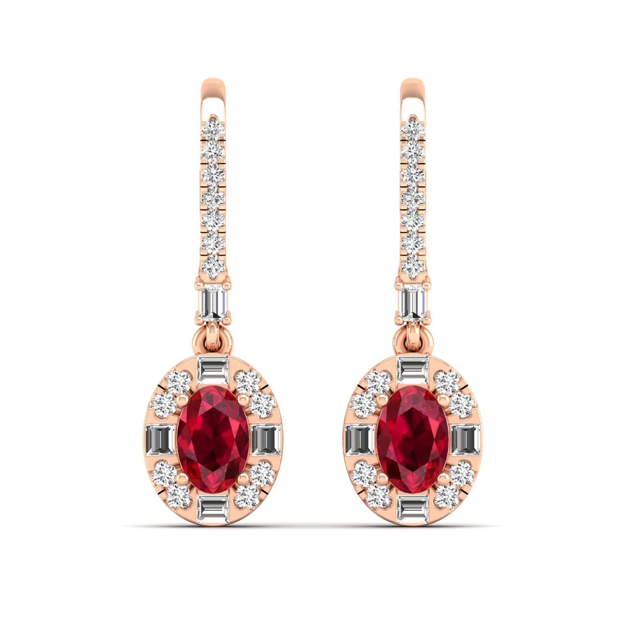 Oval Ruby Halo Baguette and Round Diamond Dangle Earrings