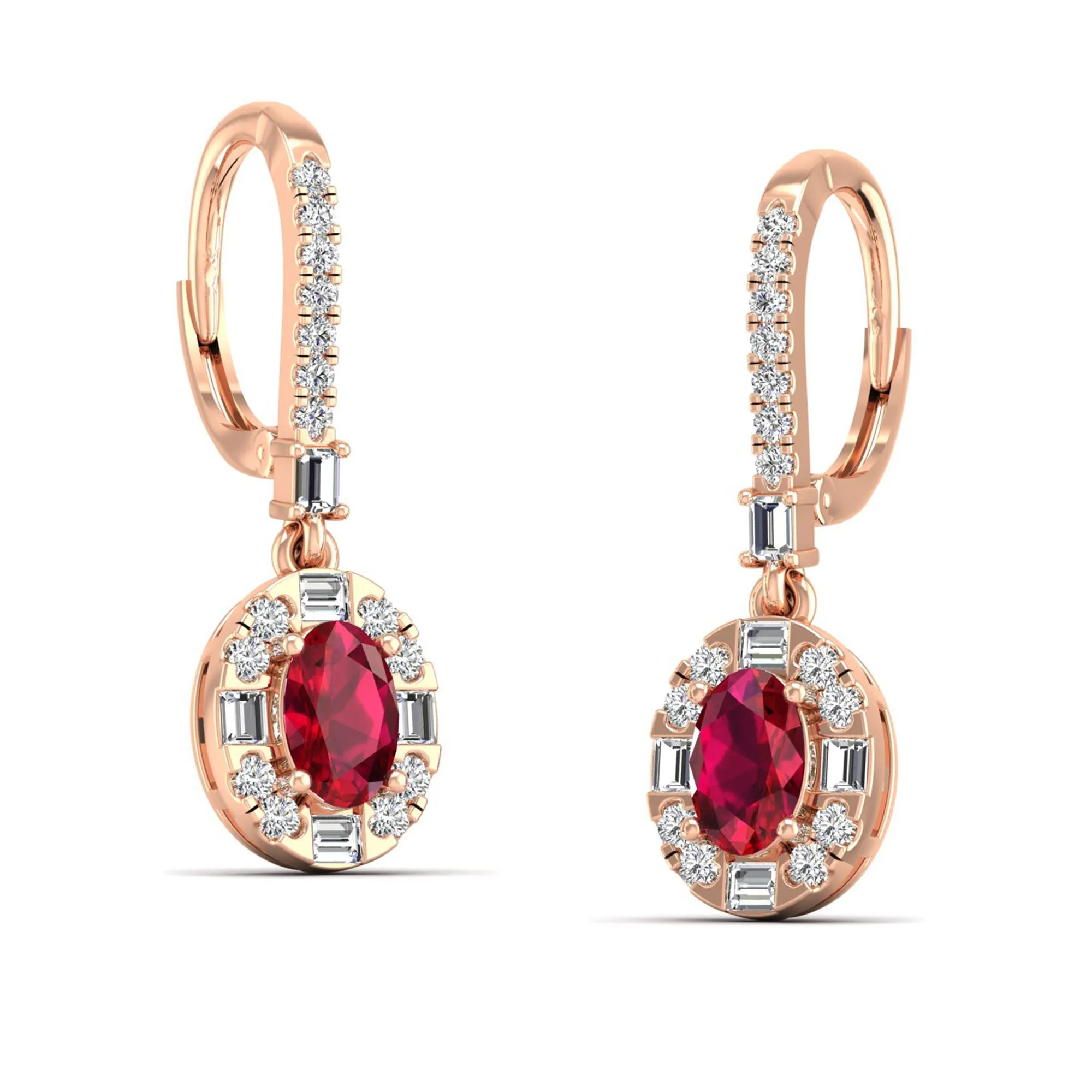 Oval Ruby Halo Baguette and Round Diamond Dangle Earrings