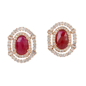 Oval Ruby Precious Gemstone Prong Rose Cut Diamond Stud Earrings In Rose Gold