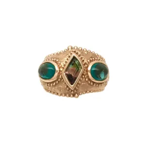 Pallet knife band and caste granulation ring set with two green oval tourmalines and one party color parallelogram tourmaline