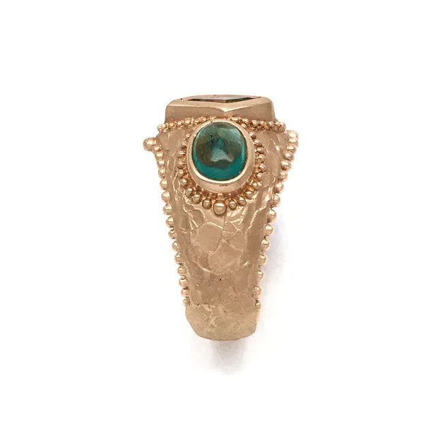 Pallet knife band and caste granulation ring set with two green oval tourmalines and one party color parallelogram tourmaline