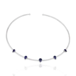 Pear Cut Blue Sapphire September Gemstone Open Cuff Necklace 18K White Gold