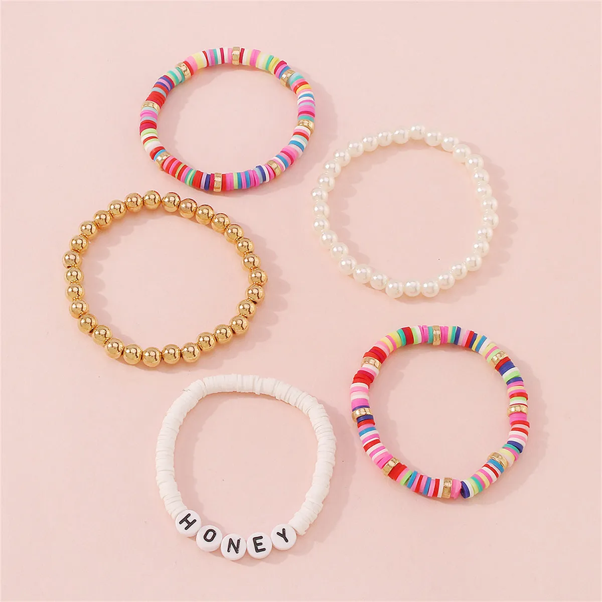 Pearl & Colored Polymer Clay 18K Gold-Plated 'Honey' Stretch Bracelet Set