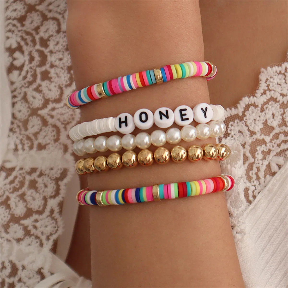 Pearl & Colored Polymer Clay 18K Gold-Plated 'Honey' Stretch Bracelet Set