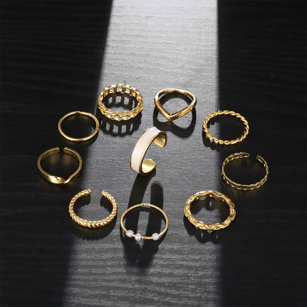 Pearl & Enamel 18K Gold-Plated Twine Chain Ring Set