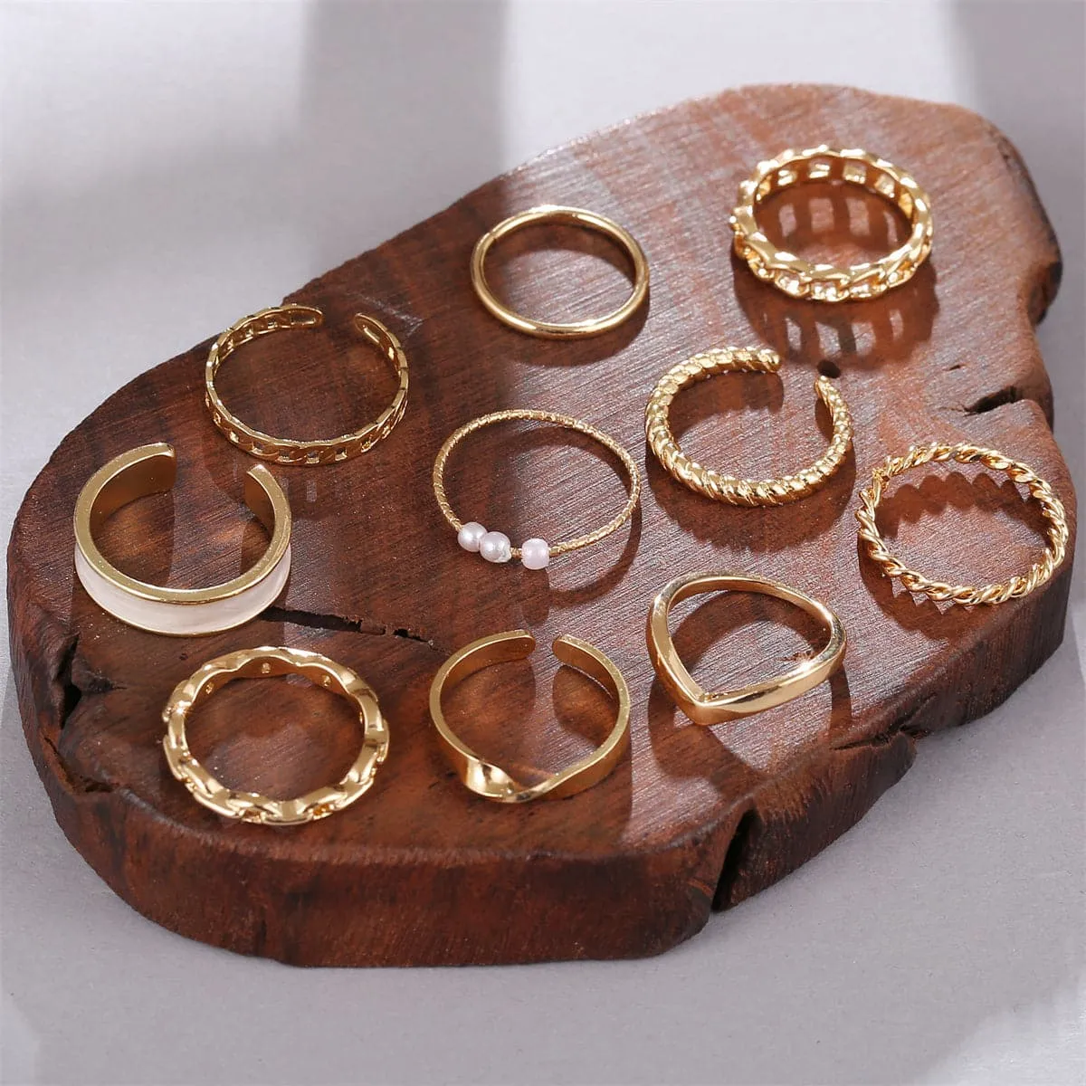 Pearl & Enamel 18K Gold-Plated Twine Chain Ring Set