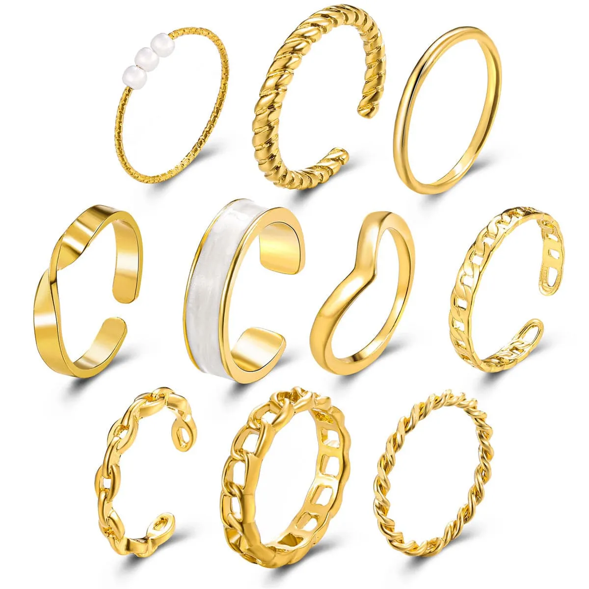 Pearl & Enamel 18K Gold-Plated Twine Chain Ring Set