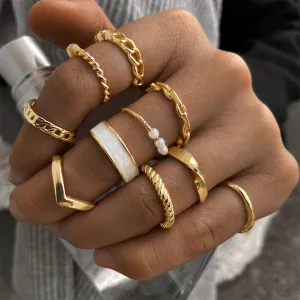 Pearl & Enamel 18K Gold-Plated Twine Chain Ring Set