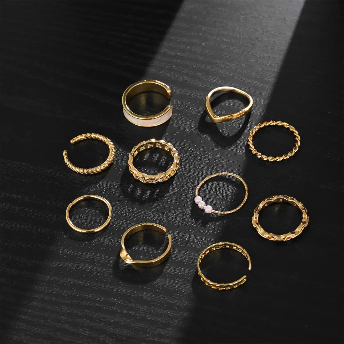 Pearl & Enamel 18K Gold-Plated Twine Chain Ring Set