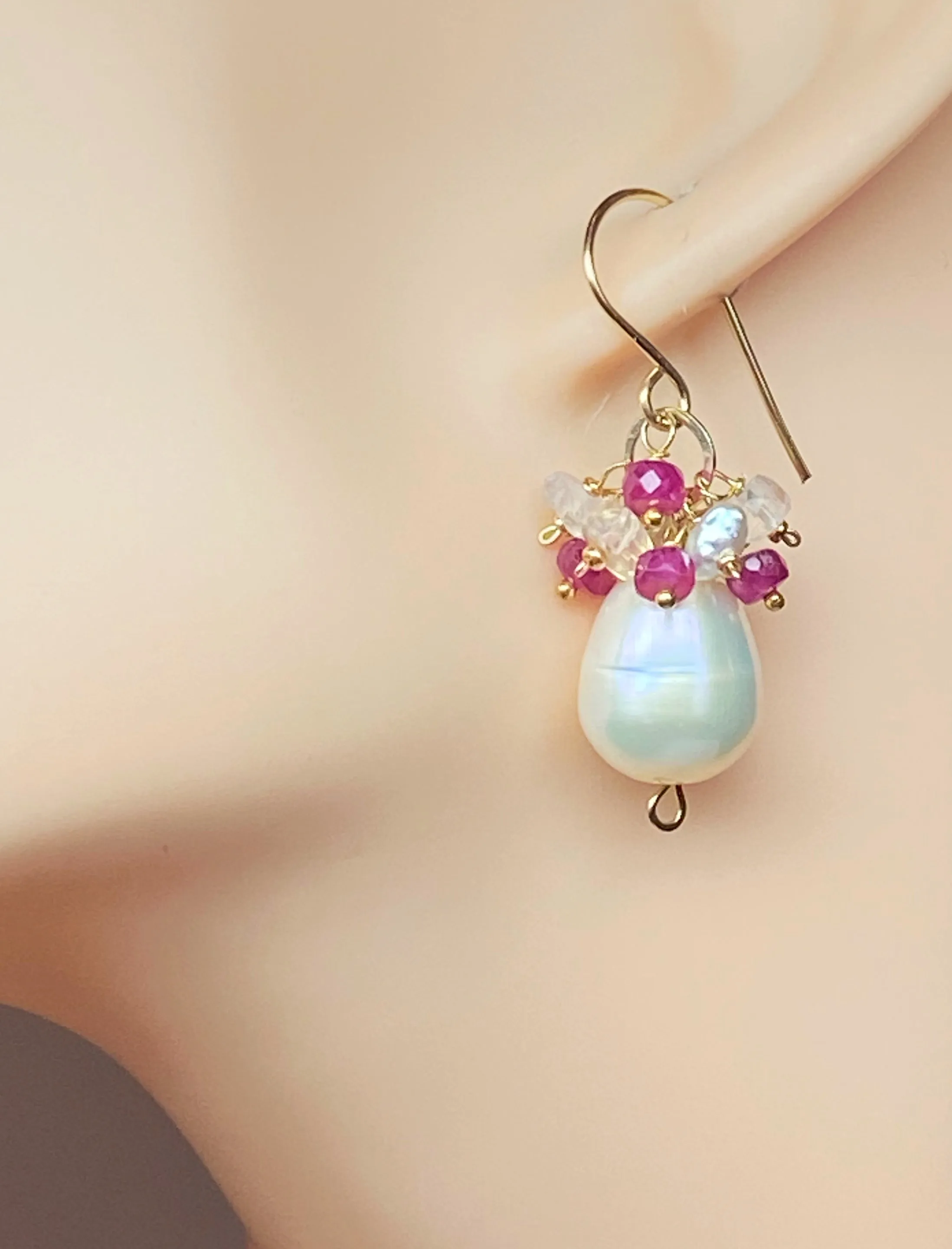 Pearl Earrings with Ruby, Opal, Keishi Pearl Clusters, Gold Fill