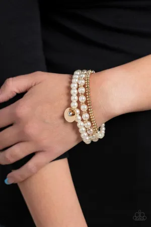 Pearly Professional - Gold - White Pearl Gold Bead and Disc Paparazzi Stretchy Bracelet