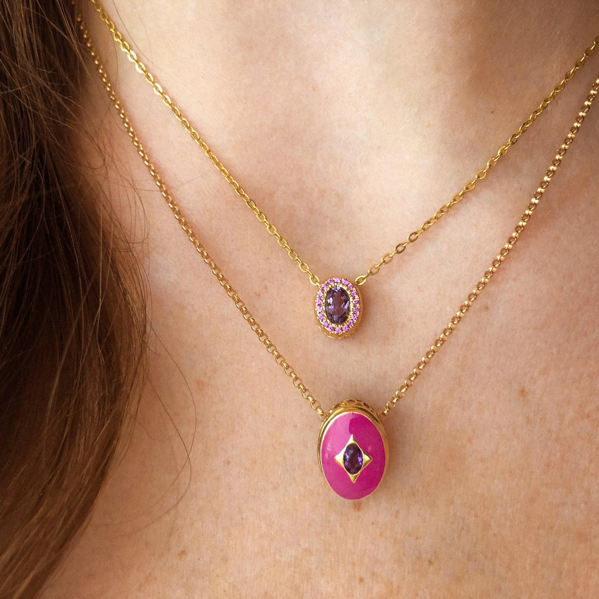 Petite Gemset Necklace in Amethyst and Pink Sapphire