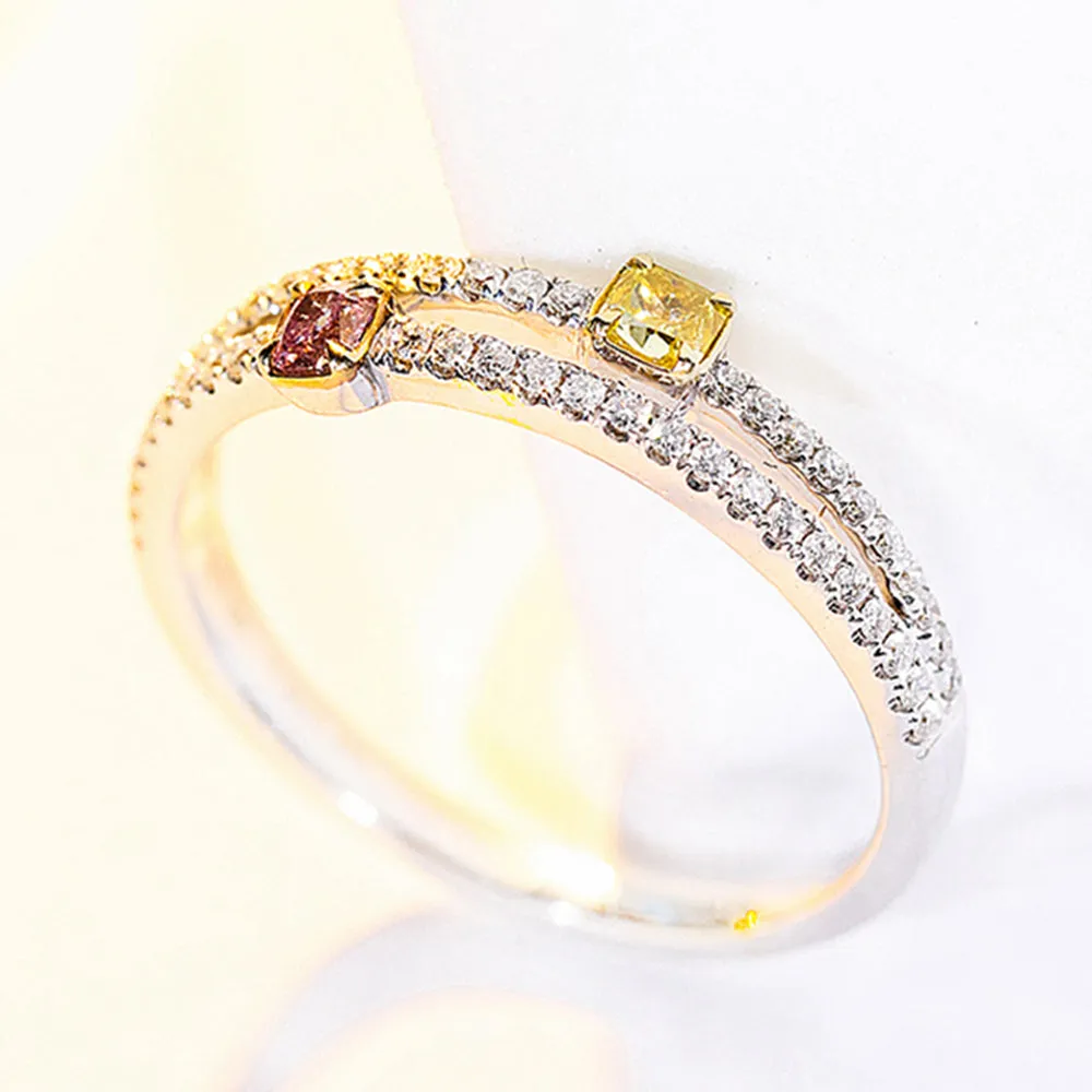 Pink and Yellow Diamond Two-Row Wedding Ring