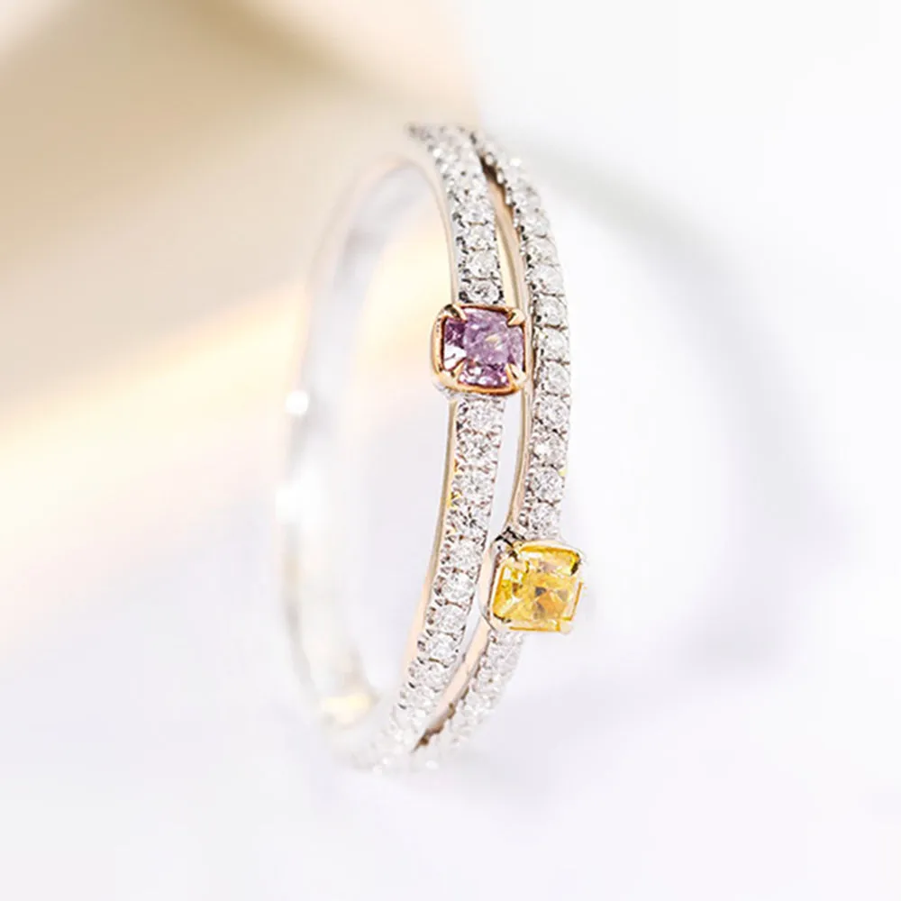 Pink and Yellow Diamond Two-Row Wedding Ring