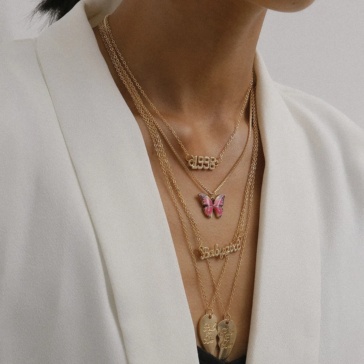 Pink Enamel & 18K Gold-Plated Butterfly & Heart Pendant Necklace Set
