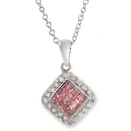 Pink Sapphire & Pave Diamond Halo Pendant Necklace, 18k White Gold