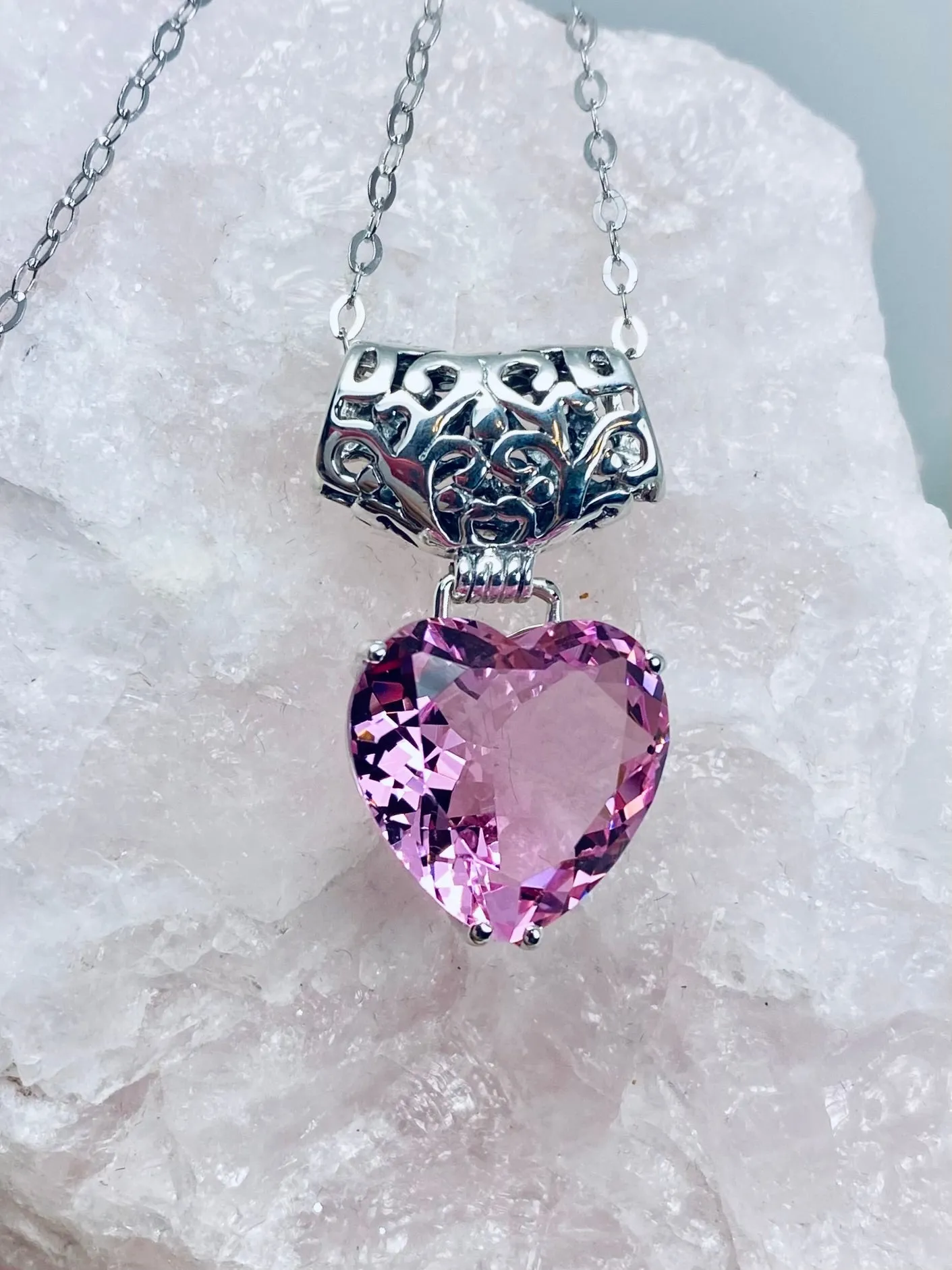 Pink Topaz Pendant, Heart Gem, Art Nouveau Necklace #P38