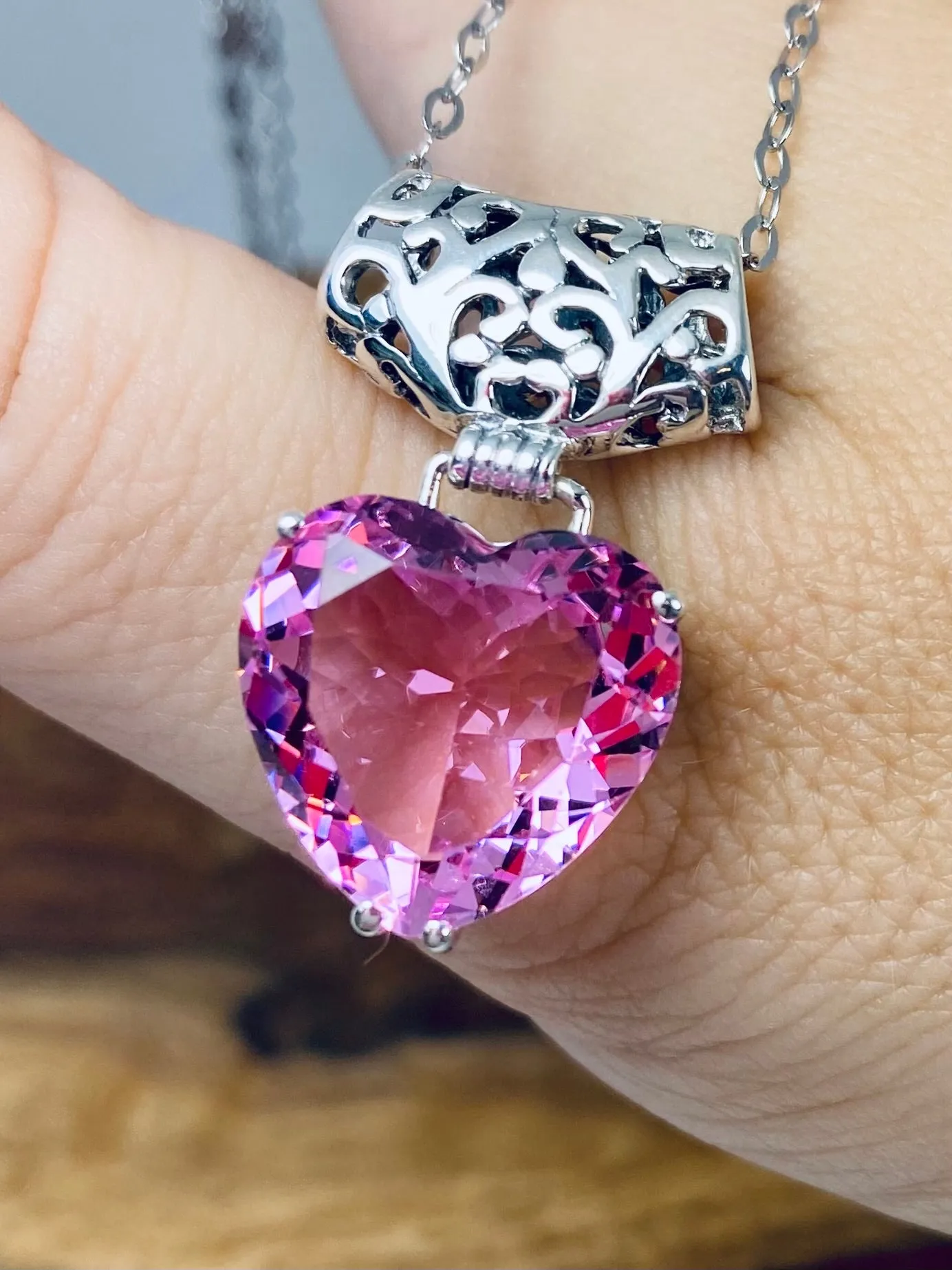 Pink Topaz Pendant, Heart Gem, Art Nouveau Necklace #P38