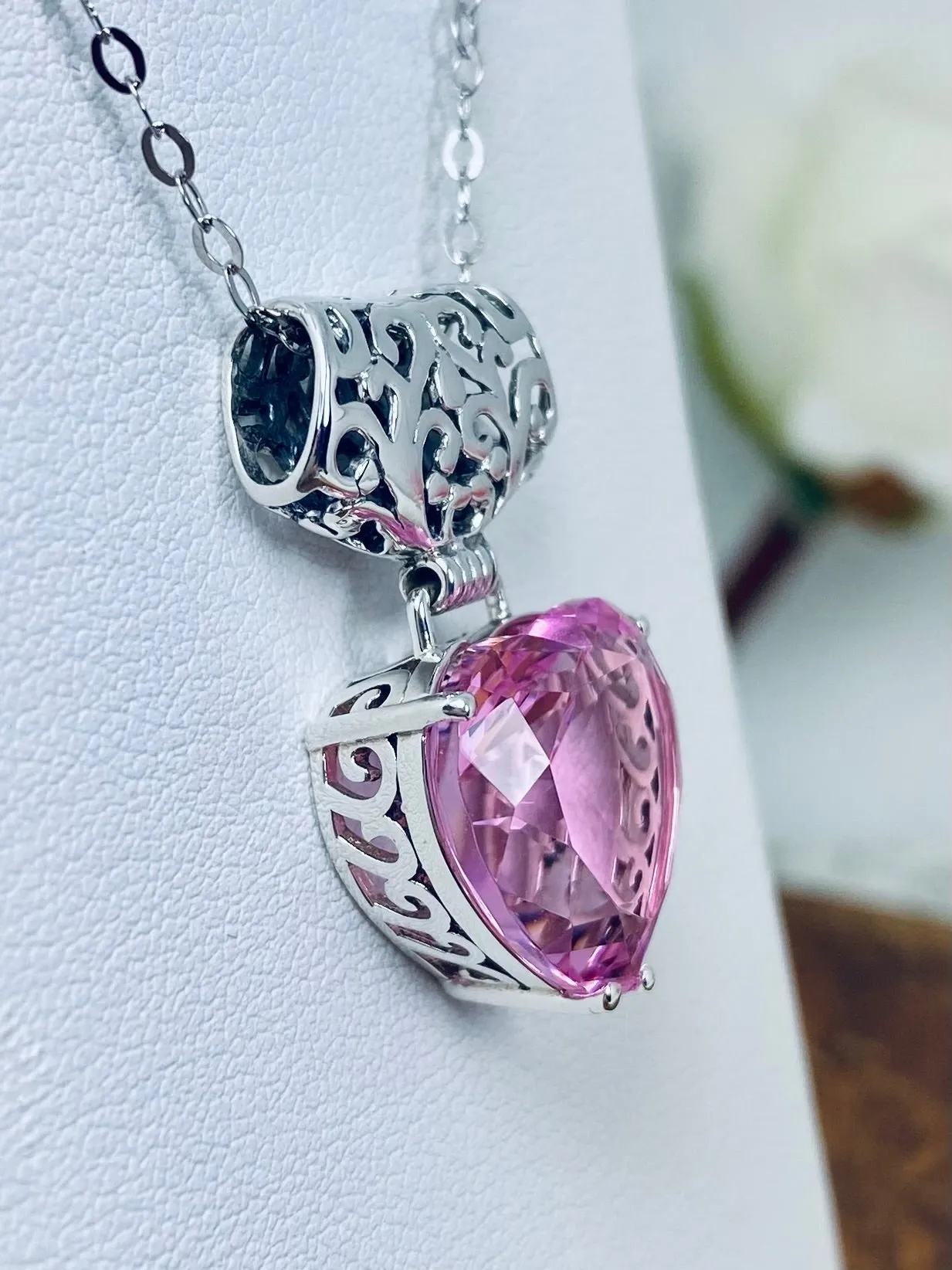 Pink Topaz Pendant, Heart Gem, Art Nouveau Necklace #P38