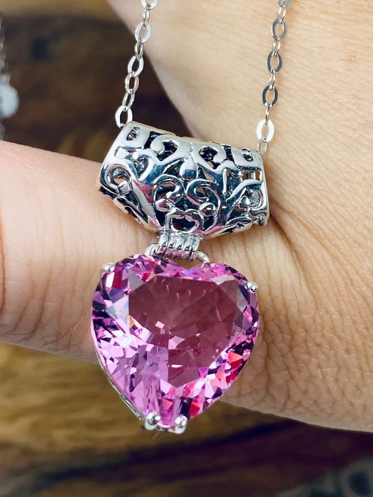 Pink Topaz Pendant, Heart Gem, Art Nouveau Necklace #P38