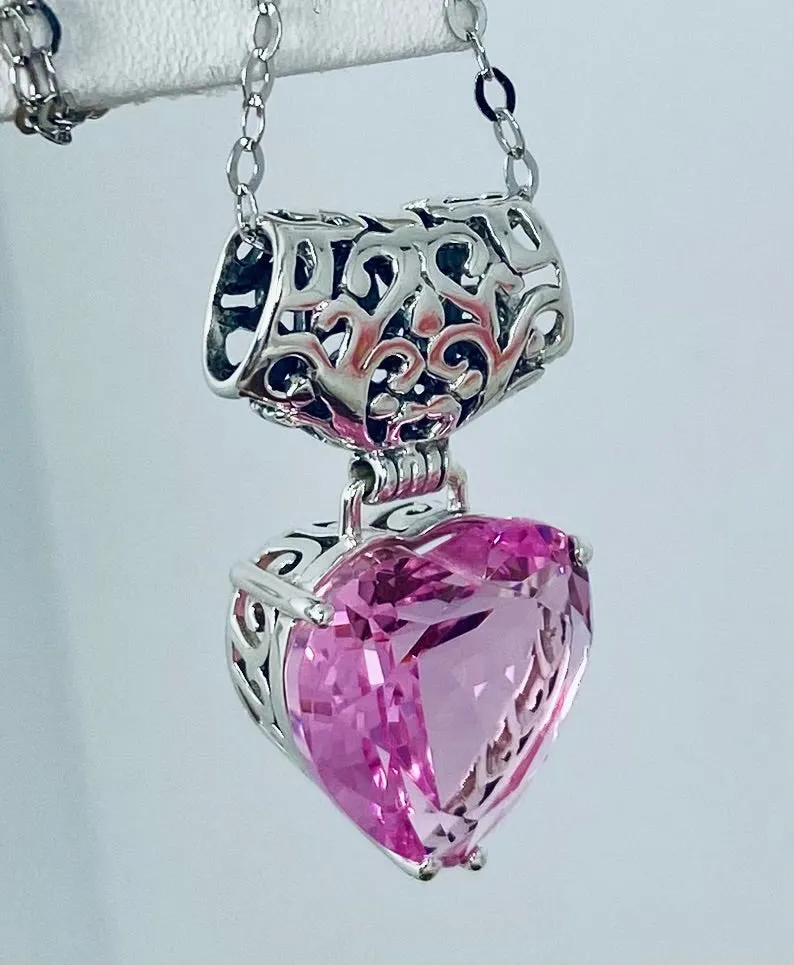 Pink Topaz Pendant, Heart Gem, Art Nouveau Necklace #P38