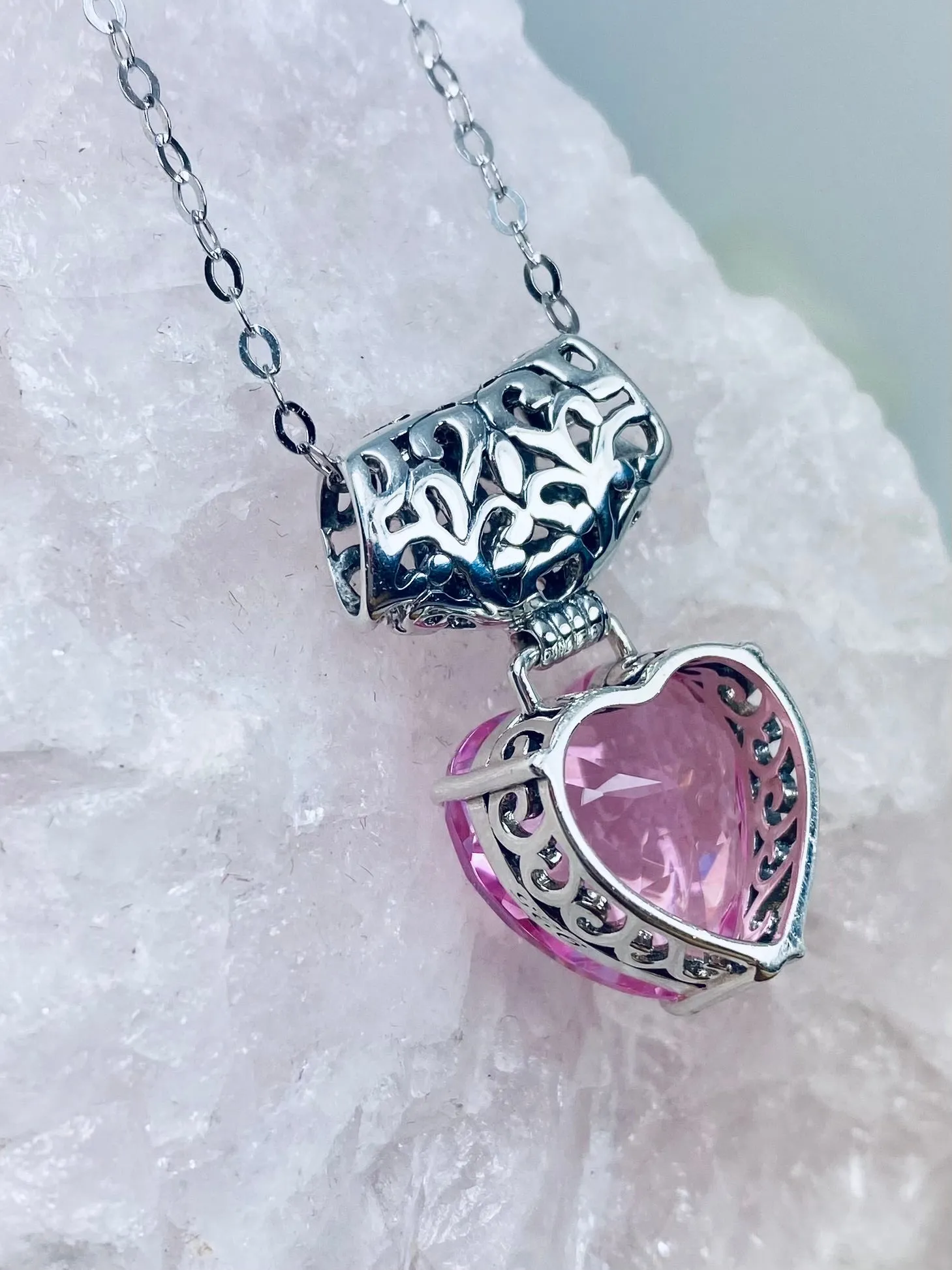 Pink Topaz Pendant, Heart Gem, Art Nouveau Necklace #P38